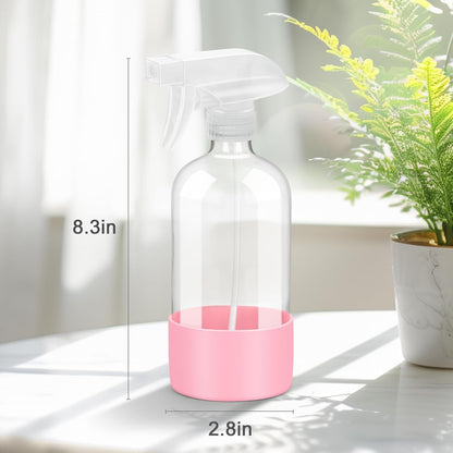 2 Pack Glass Spray Bottles with Silicone Sleeve, 16 oz Empty Refillable Containers with Adjustable Spray Nozzles, Spray Bottles for Hair, Cleaning Solutions and Plants Pink