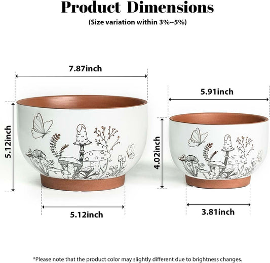 YBX 8 Inch & 6 Inch Terracotta Pots, Plant Pots, Flower Pots for Indoor Plants with Drainage, Planters with Mushroom Accent for Indoor Plants (Cottage)