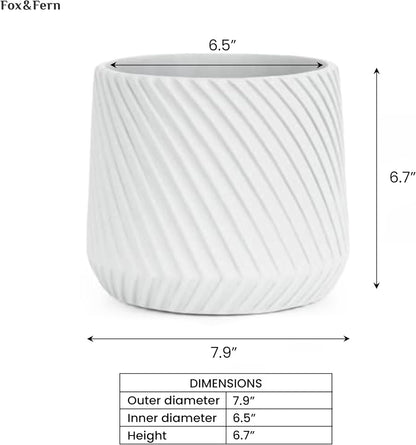 Fox & Fern 8 Inch Plant Pot with Drainage Plug — Premium Polystone White Plant Pot; Modern Planter with 3D Texture and Ceramic Finish; 8 Inch Pots for Plants Indoor & Outdoor; Lightweight