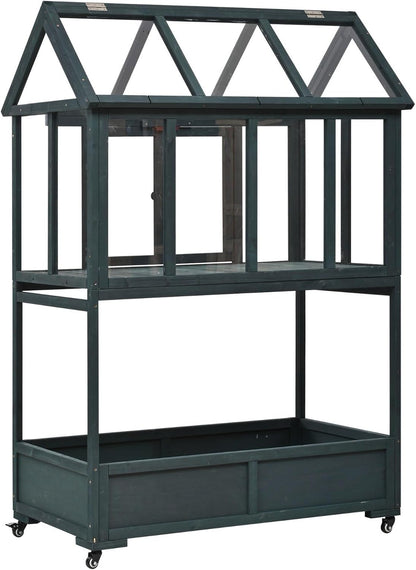 Wooden Cold Frame Greenhouse with Wheels, Portable Fir Garden Plant House with Storage Box, Openable Roof for Seedlings, Herbs, Winter Crops, Perfect for Patio, Balcony, Garden