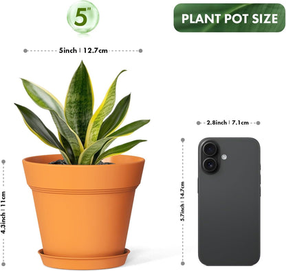 5 Inch Plastic Plant Pots with Drainage Holes and Trays – 6 Pack Small Nursery Pots for Indoor & Outdoor House Plants and Flowers, Seedling Starter Planters, Terracotta