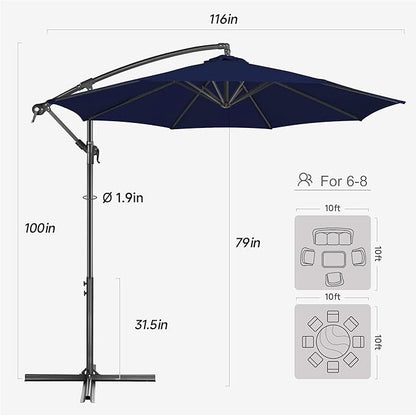 FLAME&SHADE 10ft Cantilever Patio Umbrella Outdoor, Large Offset Umbrella with Crank and Cross Base, UPF 50+ UV Protection Hanging Umbrella for Pool Deck Garden, Navy Blue