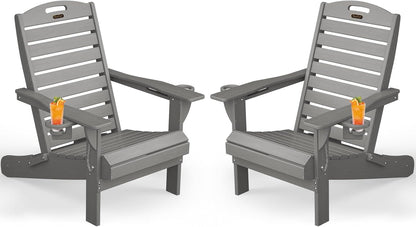 Adirondack Chairs Set of 2, Outdoor Fire Pit Chairs, HDPE All-Weather Adirondack Chairs with Cup Holder, Lawn Chair for Deck, Patio, Garden (Grey)