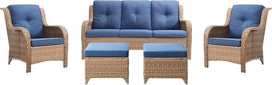 Rilyson Outdoor Patio Wicker Furniture Set - 5 Piece Rattan Patio Conversation Sectional Sofa Set with 1 Couch,2 Armchairs,2 Ottomans for Porch Deck Garden(Yellow/Blue)