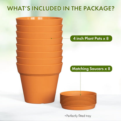 4 Inch Plastic Plant Pots with Drainage Holes and Trays – 8 Pack Small Nursery Pots for Indoor & Outdoor House Plants and Flowers, Seedling Starter Planters, Terracotta