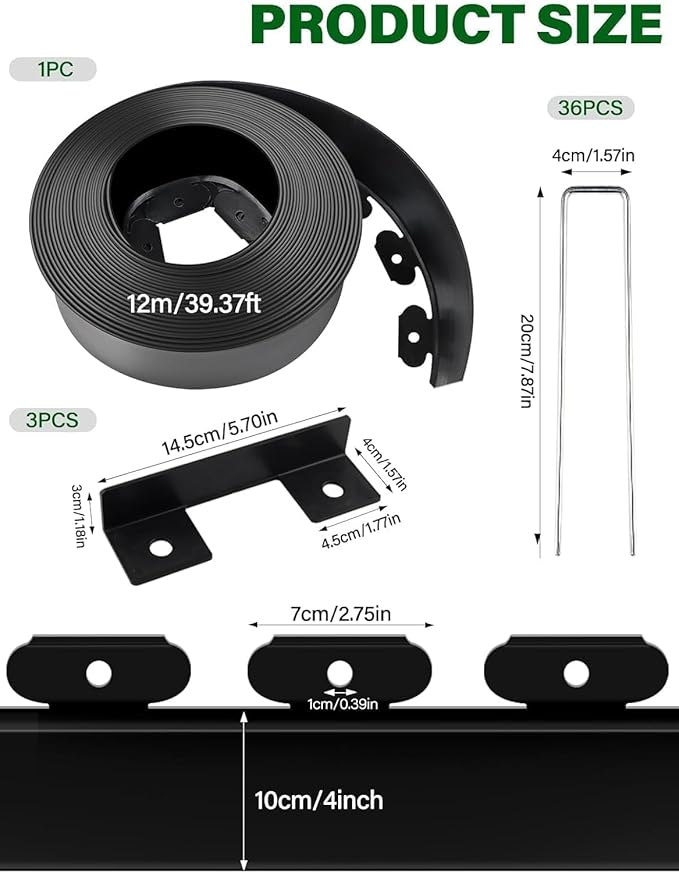 Kalolary Landscape Edging, 40FT x 4 Inch Tall Plastic Garden Lawn Edging Border with 36 U Spikes, 3 Connector for Landscaping Garden, Flower Beds (Black)