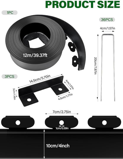 Kalolary Landscape Edging, 40FT x 4 Inch Tall Plastic Garden Lawn Edging Border with 36 U Spikes, 3 Connector for Landscaping Garden, Flower Beds (Black)