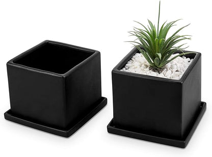 MyGift Modern Black Ceramic Small Plant Pot, Decorative Square Flower Succulent Planter, Set of 2