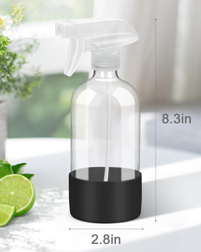 Glass Spray Bottles with Silicone Sleeve Protection, Empty 16OZ Reusable Spray Bottles, Refillable Containers with Spray Nozzles for Cleaning Solutions, Plants and Essential Oils 1 Pack Black