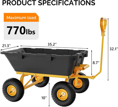 VINGLI Heavy Duty Dump Cart Wagon, 770LBS Quick-Release Dump Poly Wheelbarrow, 10in All-Terrain Pneumatic Tires Garden Wagon for Garden, Yard, Beach