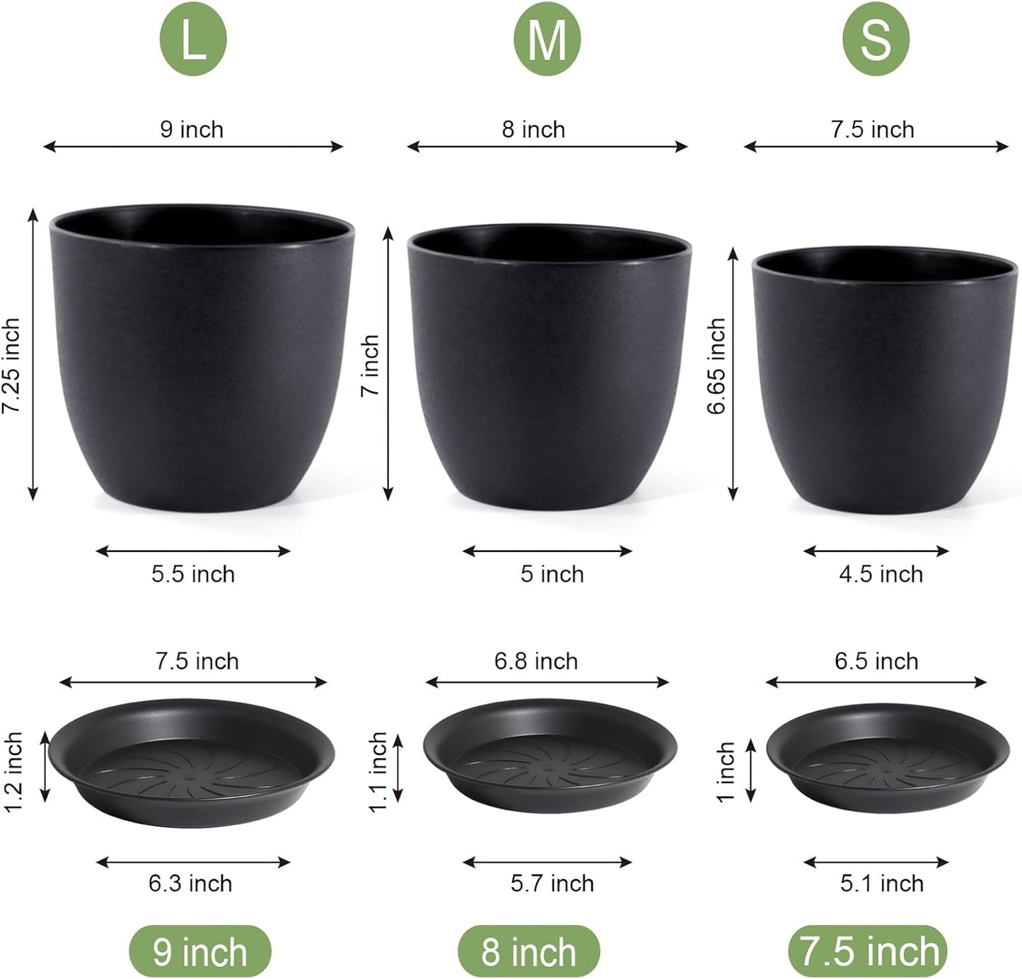 Modern Plant Pots Set, 9/8/7.5 inch Plastic Planters for Indoor Plants, Stylish Flower Pots with Drainage Holes and Saucers for House Plants and Flowers, Black