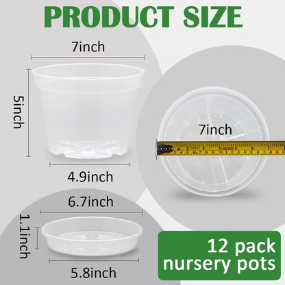 12 Pack 7 Inch Clear Nursery Pots with Saucer, Transparent Plastic Plant Pots with Drainage Holes, Sturdy Plant Starter Pots, Planter Pot for Planting Succulent Flower Herb Vegetable, Gardening Gifts