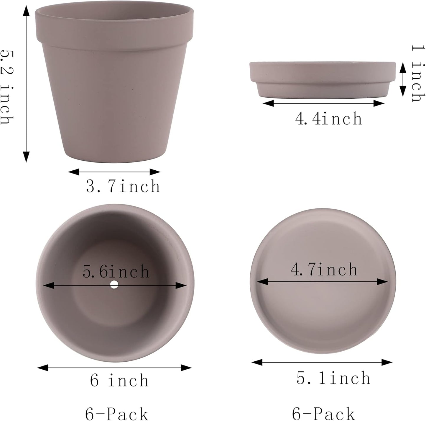 Yishang Large Terra Cotta Pots with Saucer- 6 Pack Large 6'' Terra Cotta Plant Pot with Drainage Hole, Flower Pot with Tray, Terracotta Pot for Indoor Outdoor Plant(Grey)
