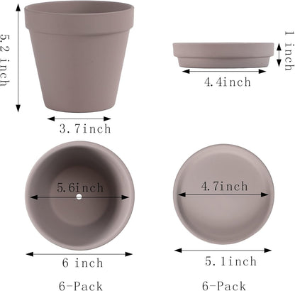 Yishang Large Terra Cotta Pots with Saucer- 6 Pack Large 6'' Terra Cotta Plant Pot with Drainage Hole, Flower Pot with Tray, Terracotta Pot for Indoor Outdoor Plant(Grey)