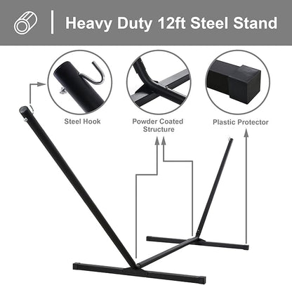 SUNCREAT Rope Hammock with Stand Included, Portable Double Hammock with Soft Pillow, Gray