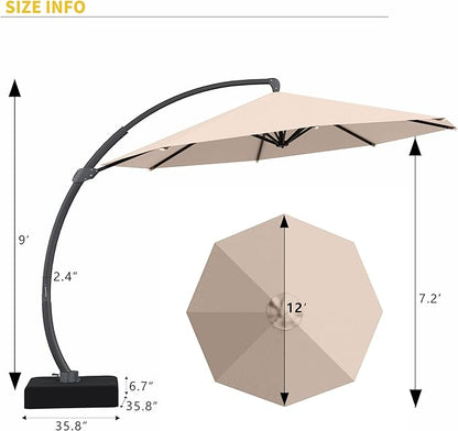 Kingdura 12ft Cantilever Patio Umbrella with Base Included, Large Round Offset Outdoor Pool Umbrella, 360° Rotation & Infinite Tilt, Heavy Duty Aluminum Frame for Deck Backyard, Beige