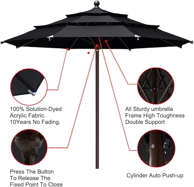EliteShade USA 10-Year-Non-Fading 11Ft 3 Tiers Market Umbrella Patio Outdoor Cylinder Auto Push-up Table Umbrella with Ventilation, Black