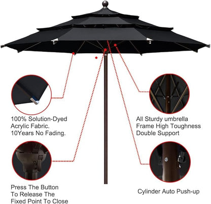 EliteShade USA 10-Year-Non-Fading 11Ft 3 Tiers Market Umbrella Patio Outdoor Cylinder Auto Push-up Table Umbrella with Ventilation, Black