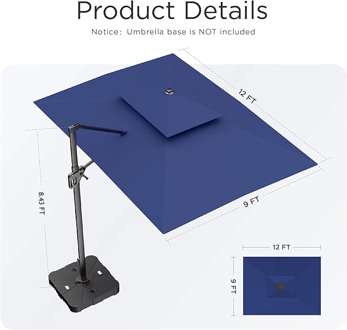 9' X 12' Cantilever Patio Umbrella 360°Rotation Rectangular Outdoor Large Offset Umbrellas Double Top Heavy Duty Windproof for Garden Deck Pool Backyard, Navy