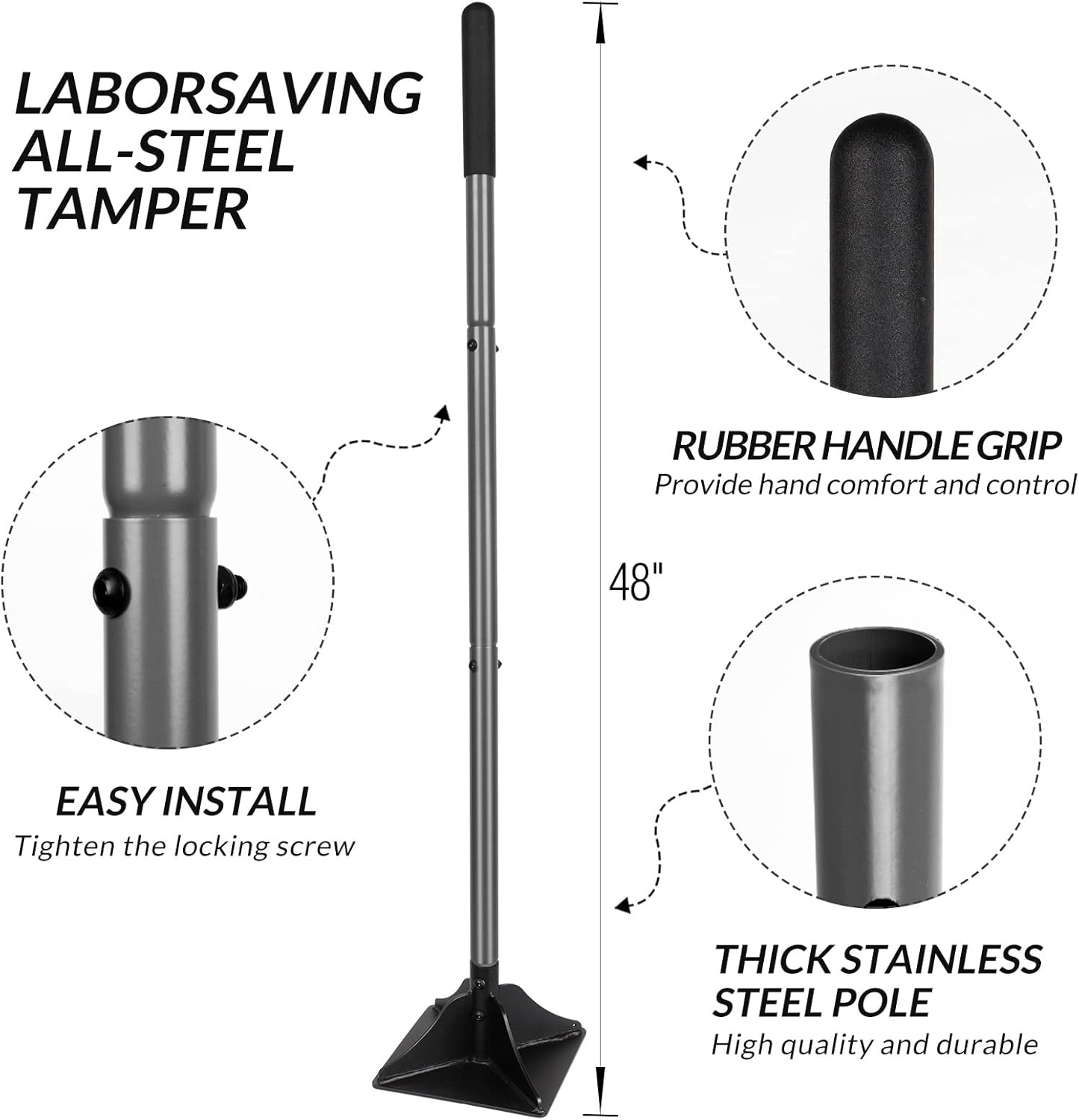 Walensee Steel Tamper with 48 inch Handle 8"x8" Garden Rubber Grip for Laborsaving All-Steel Heavy Duty Ideal Tool Leveling Ground Installing pavers and Repairing Blacktop