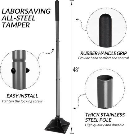 Walensee Steel Tamper with 48 inch Handle 8"x8" Garden Rubber Grip for Laborsaving All-Steel Heavy Duty Ideal Tool Leveling Ground Installing pavers and Repairing Blacktop