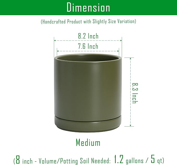 D'vine Dev 8.2 Inch Ceramic Planter Pot with Drainage Hole and Saucer, Indoor Cylinder Round Planter Pot, Olive, 94-O-D-J