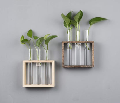 Wooden Propagation Station with 3 Glass Test Tubes, Tabletop Glass Terrarium Holder for Cuttings Hydroponics, Home Office Desk Decor Gift for Women Mom Plant Lovers, Brown