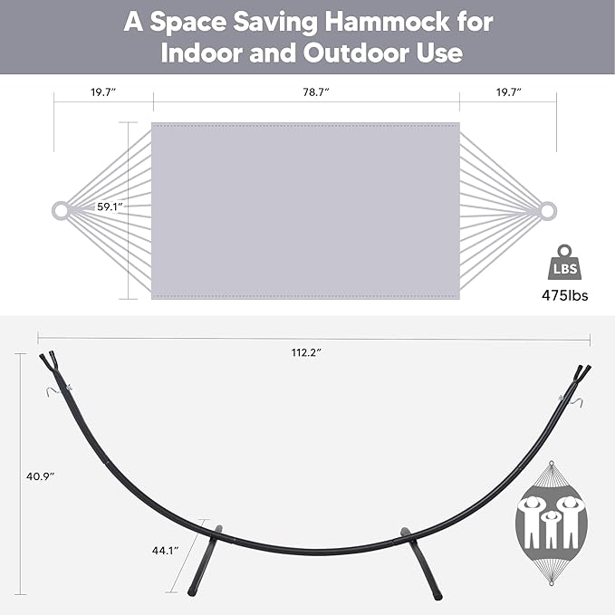 SUNCREAT Stand Alone Hammocks for Outside, 2 Person Self Standing Hammock, Light Gray