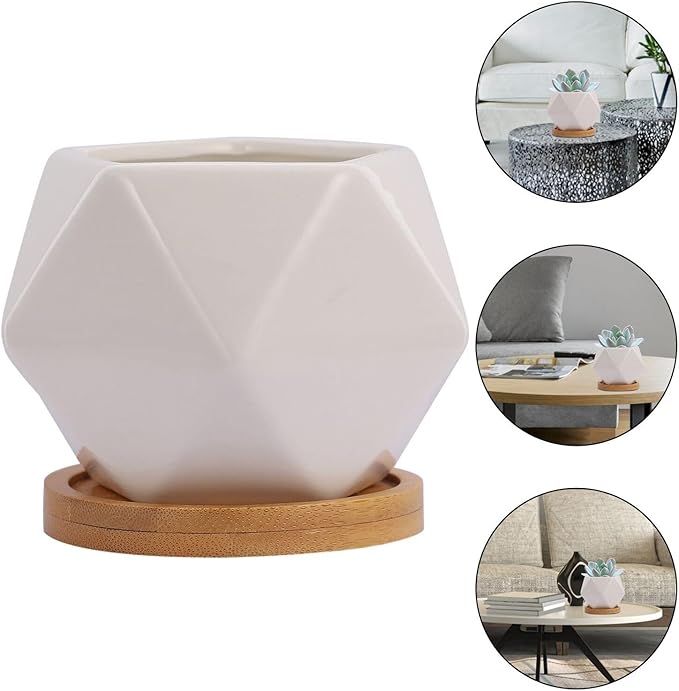 3 Sets Ceramic Succulent Flowerpot with Tray Geometric Bonsai Planter Pots for Indoor Succulents Seedling Pots with Air Permeability Cute Home Garden Decor