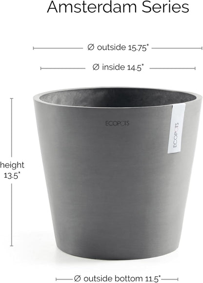 Ecopots Amsterdam Durable Modern Round Indoor/Outdoor Recycled-Based Composite Flower Pot Planter, Grey, 16"