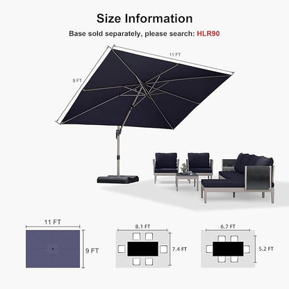 PURPLE LEAF 9' X 11.5' Patio Umbrella, Rectangle Outdoor Cantilever Umbrella, Aluminum Offset Umbrella with Champagne Frame and 360° Rotation for Pool Deck Garden, Navy Blue