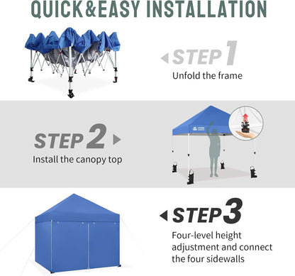 CROWN SHADES 10x10 Pop Up Canopy Tent Instant Commercial 1-Person Setup Patended Centerlock with 400D Fabric, 4 Sidewalls, 4" Wheels, 4 Upgraded Weights, Sto'N Go Bag, Blue