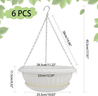 12.59in Hanging Planter Pots for Outdoor and Indoor Plants Flowers with Drainage Hole Tray Hooks Plastic Plant Baskets for Garden Home Porch (White, Pack of 6)