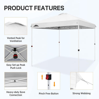 EAGLE PEAK Pop Up Canopy Tent with Wheeled Carry Bag, 8 Stakes, 4 Ropes, Easy Set Up Tent Canopy, 8x8 ft White