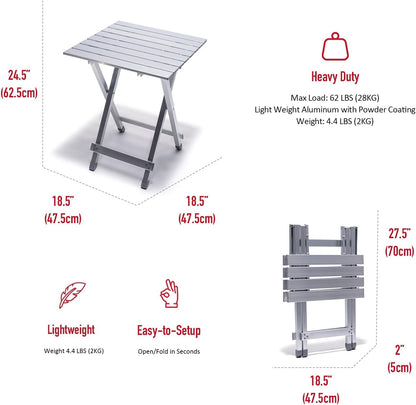 SUNNYFEEL Folding Camping Table - Lightweight Aluminum Portable Picnic Table, 18.5x18.5x24.5 Inch for Cooking, Beach, Hiking, Travel, Fishing, BBQ, Indoor Outdoor Small Foldable Camp Tables