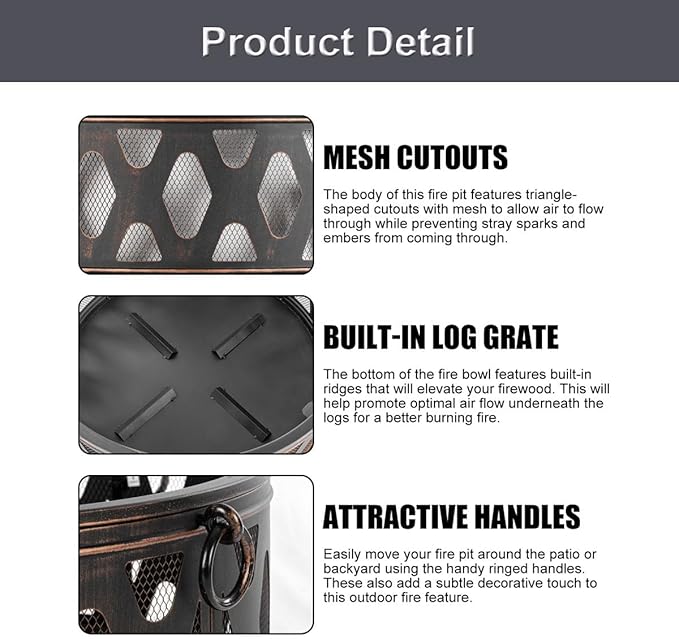 Breezz 26 Inch Wood Burning Fire Pit with Cooking Grill and Spark Screen, Outdoor Metal Round Firepit for Patio, Backyard, Bonfire Party, Camping and Garden