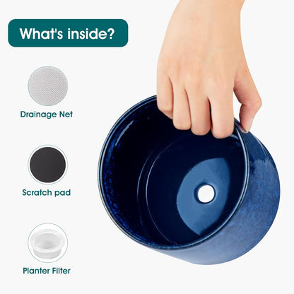 vancasso Ceramic Plant Pots, 4.25+5.25+6.25 Inch Planter Pot with Drainage Hole, Flower Pots for Indoor Outdoor Plants, Set of 3, Blue