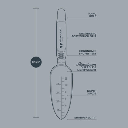 Woodland Tools Heavy Duty Garden Transplanter - Narrow Anodized Aluminum Hand Shovel with Depth Markings and Ergonomic Grip, Planting and Digging Tool for Soil, Flowers, Bulbs, and Raised Beds
