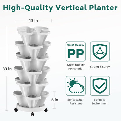 6 Tiered Strawberry Vertical Planters 2 Pack, Stacking Tower Garden with Support Pole, Stackable Herb Vegetable Planter Indoor Outdoor White