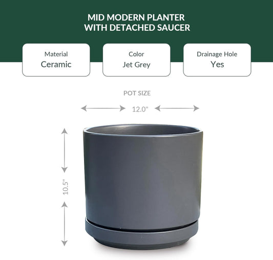 Ceramic Mid Modern Planter Pots with Detached Saucer - Indoor/Outdoor Plant Pots with Drainage Hole