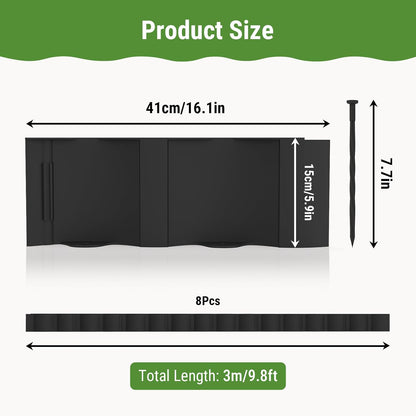 Mars Villa Landscape Edging Border 10FT, Interlocking Landscape Edging 5.9in Flowerbed Border Edging Plastic Flexible Flower Bed Lawn Edging for Outdoor Pathway, with Stakes（Black, 8PCS）