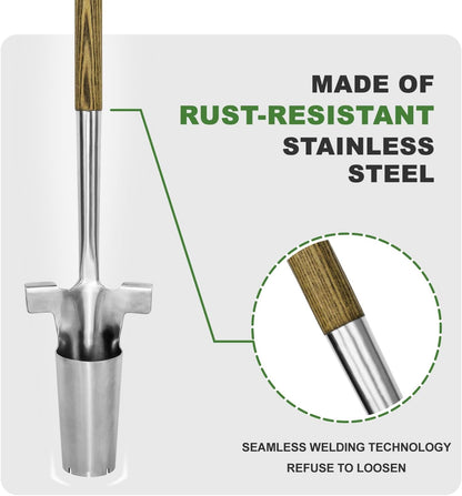 Long Handled Bulb Planter Tool, 37'' Bend-Proof Stainless Steel Bulb Planter, 4'' Depth Marks Long Handled Hole Digger, Bulb Planter with Comfortable T-Shaped Long Wood Handle for Planting Tulips