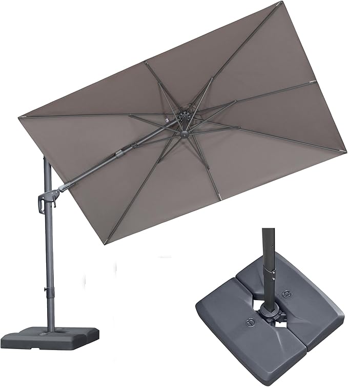 PURPLE LEAF 10' X 6.5' Swivel Outdoor Patio Aluminum Umbrella with Base Left-right Tilting Cantilever Offset Umbrella with UV Resistant Heavy Duty Fabric for Deck Pool Patio Backyard, Ash Mocha