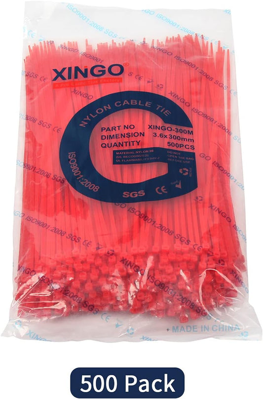 XINGO Nylon Cable Zip Ties Self Locking Plastic Wire Ties with 40 Lbs Tensile Strength for Indoor and Outdoor 12 Inch 500 Pack Red
