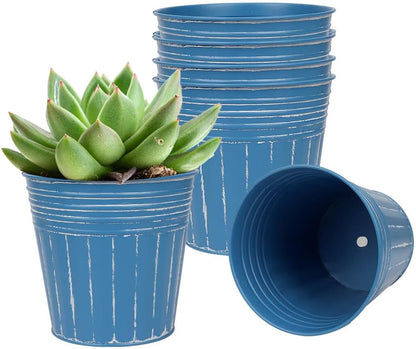vensovo 4 Inch Blue Metal Rustic Flower Pots - 6Pcs Small Galvanized Planters with Drainage Hole and Rubber Plug, Rustproof Metal Bucket Plant Pots Farmhouse Vintage Style for Decor