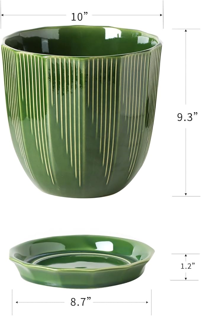 ADN Large 10 Inch Plant Pot Ceramic Planter Indoor Ceramic Pot with Drainage Hole and Saucer for Plants and Flowers, Green