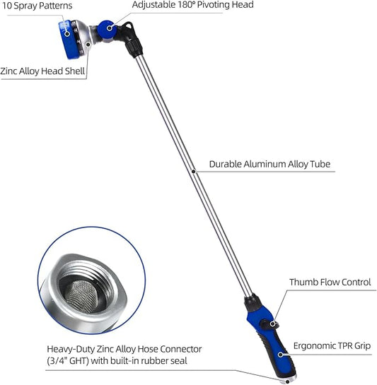 Watering Wand for Garden Hose, 30 Inch, 10 Spray Patterns, Thumb Control Garden Hose Nozzle, Adjustable Water Sprayer with Pivoting Head, Ideal for Hanging Baskets, Plants, and Shrubs, Blue