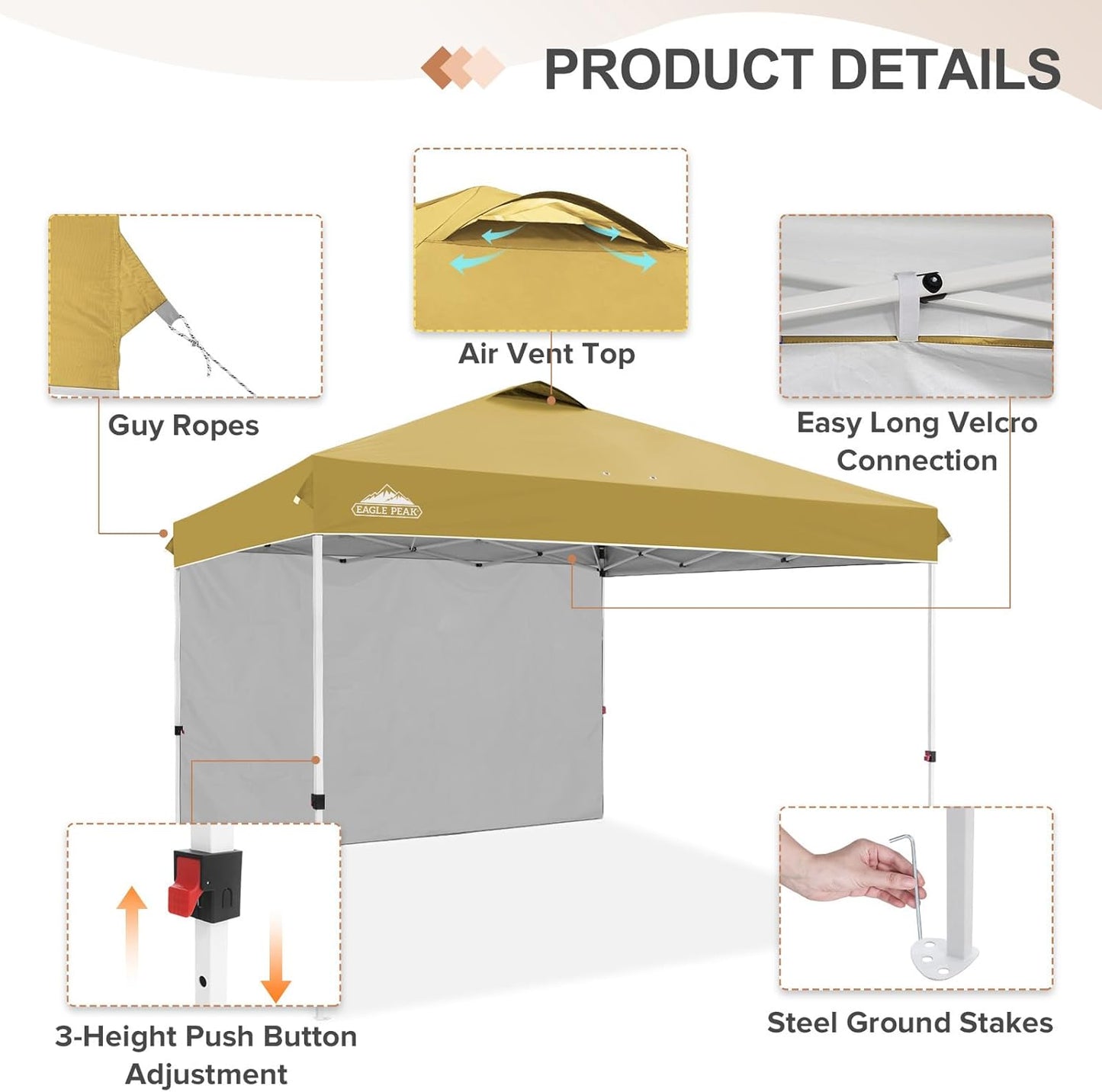 EAGLE PEAK Pop Up Canopy Tent with 1 Sidewall, Easy Setup Event Tent, Outdoor Sun Shade, Wheeled Carry Bag, Stakes and Guy Ropes, Instant Canopy 12x12, Beige