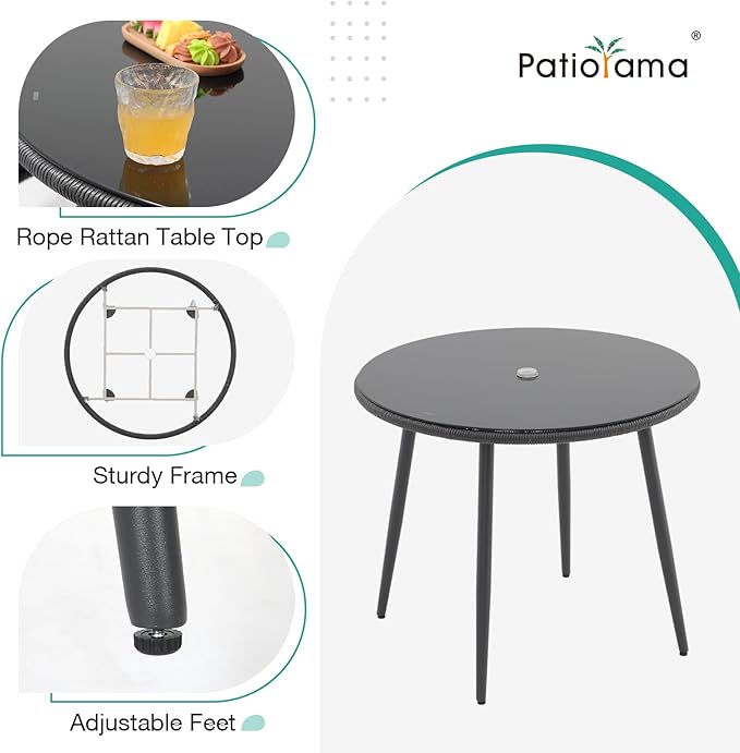 Patiorama 5-Piece Patio Dining Set,Outdoor Dining Table Chair Set,All-Weather Twisted Rattan Wicker Rope Conversation Set,Patio Furniture Set w/Umbrella Hole,4 Cushioned Chairs&Glass Table(Dark Black)