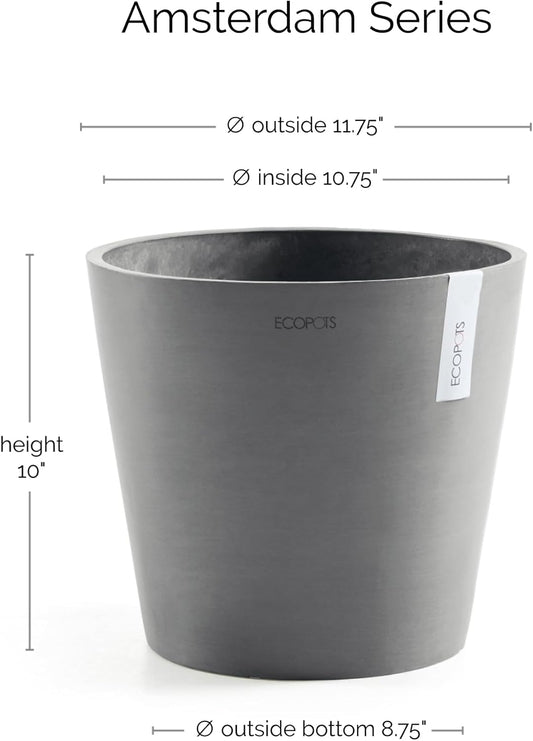 Ecopots Amsterdam Durable Modern Round Indoor/Outdoor Recycled-Based Composite Flower Pot Planter, Grey, 12"